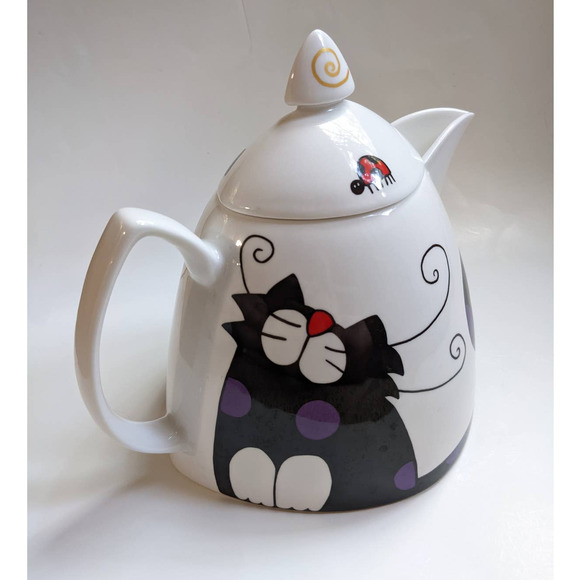 Vintage 90's Y2K Cat Teapot, Bone China with Art Deco Black & White Cat Design - Picture 5 of 10